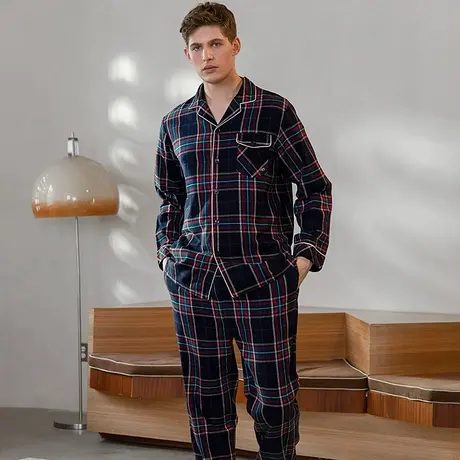 秋鹿【断码仅剩XXL】舒适长袖纯棉睡衣男士春秋款格子家居服大码商品大图