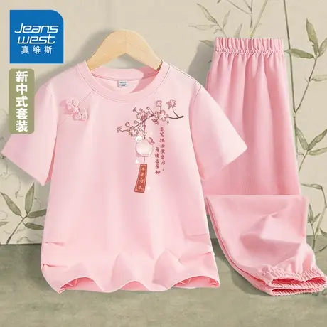 真维斯童装女童短袖t恤儿童新中式国风凉感半袖女大童户外套装夏图片