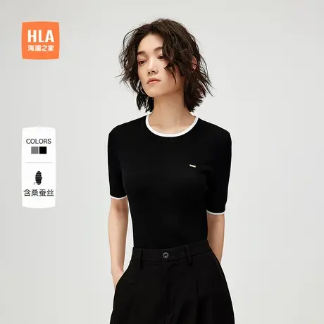 HLA/海澜之家柔软短袖针织衫25夏季新含桑蚕丝圆领薄款上衣女装商品大图