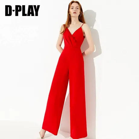 DPLAY德帕拉夏新品欧美红色V领木耳边高腰气质阔腿吊带连体裤商品大图