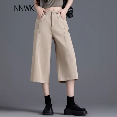 美式七分牛仔短裤女2025新款夏薄款高腰直筒裤卡其色阔腿工装中裤商品大图