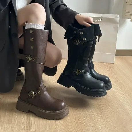 粗跟不过膝高筒靴女2025年新款秋季复古英伦风骑士靴百搭气质靴子商品大图