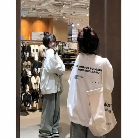 白色圆领美式复古重磅卫衣女2025春秋款宽松oversize情侣潮牌上衣图片
