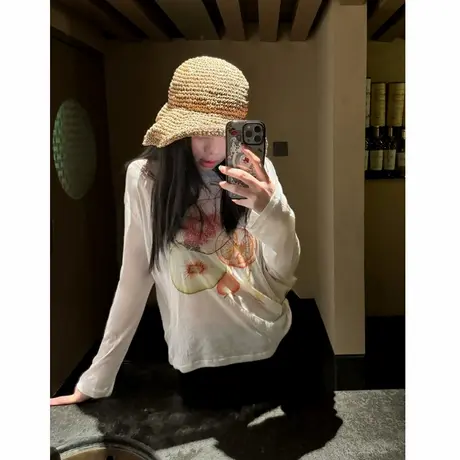 多巴胺水果切片印花防晒罩衫长袖t恤女夏季2025薄款显瘦宽松上衣图片