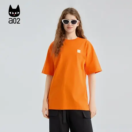 a02黑猫系列橙色宽松圆领短袖T恤女2025新款秋季设计感秋装上衣商品大图