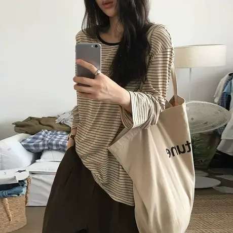 气质高级感条纹长袖T恤女2025春秋季新款宽松打底衫韩版内搭上衣商品大图