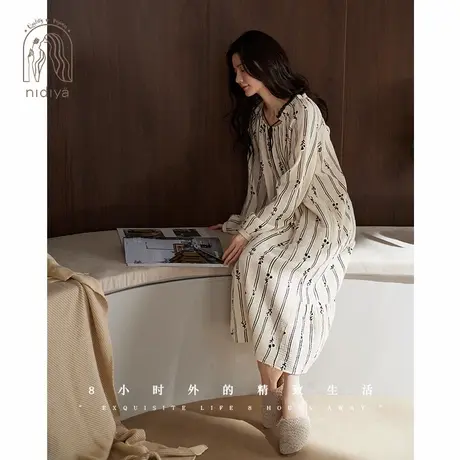 妮狄娅睡衣睡裙女秋季纯棉纱布长袖法式复古优雅中长裙春秋家居服商品大图