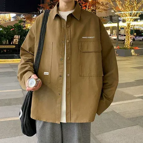 日系工装长袖衬衫男春秋季高级感潮牌休闲男生衬衣外套加大码夹克商品大图