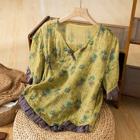 享永子短袖印花苎麻衬衫女拼接棉麻小衫文艺复古宽松2023夏季新款图片