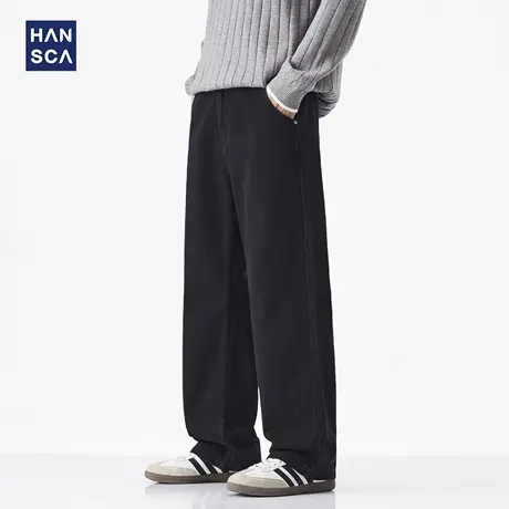 hansca美式直筒休闲裤男秋季复古高街潮流宽松垂感黑色仿牛仔长裤商品大图