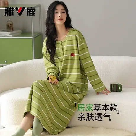 雅鹿纯棉睡衣女长袖中长款简约睡裙宽松大码家居服女2025新款秋冬商品大图