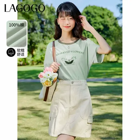 LAGOGO撞色圆领休闲印花T恤女拉谷谷春季新款立体牙刷绣纯棉短袖商品大图