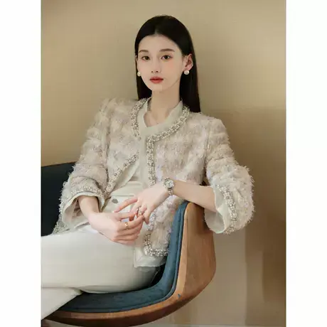 爵莱菲大码胖mm羊毛棉混纺九分袖法式粗花呢香风外套女秋冬2025商品大图
