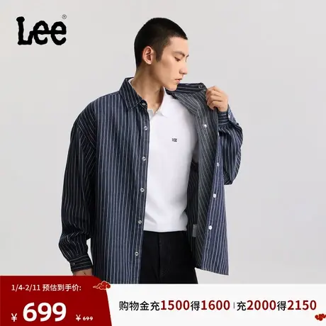Lee商场同款26春夏新品宽松版翻领工装风男条纹长袖牛仔衬衫潮流图片