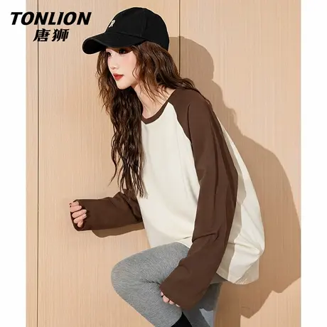 唐狮官方插肩长袖t恤女2026新款春秋款女士休闲宽松撞色上衣女VB图片