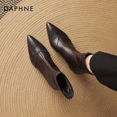 达芙妮尖头短靴女2025新款冬季棕色复古瘦瘦靴法式细跟高跟鞋踝靴商品大图