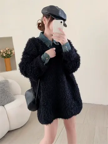 纯欲风V领仿泰迪毛衣女秋冬新款宽松慵懒风软糯加厚套头针织上衣商品大图