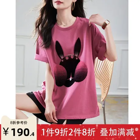 宝诗黎圆领印花中长短袖T恤女2023夏季新款时尚宽松休闲棉质上衣商品大图