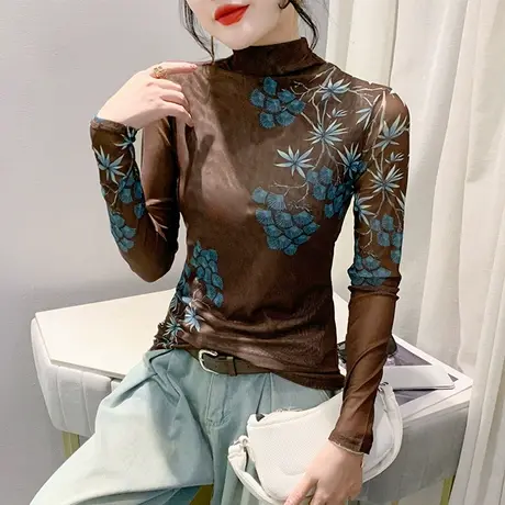 气质网纱印花撞色上衣性感半高领透气T恤女长袖时尚养修身打底衫图片