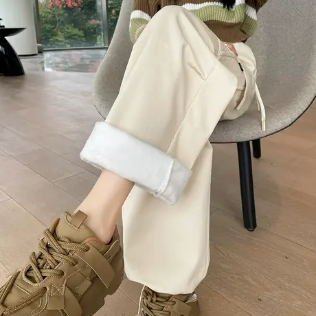 加绒工装裤女秋冬2023新款降落伞登山裤子高腰加厚阔腿美式运动裤图片