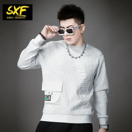 SXF圣希梵华夫格卫衣男 宽松立体提花套头衫潮牌秋冬新款男士上衣商品大图