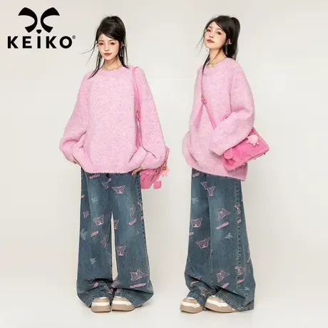 KEIKO【4色】慵懒风马海毛粉色毛衣加厚2023秋冬减龄圆领针织毛衫商品大图