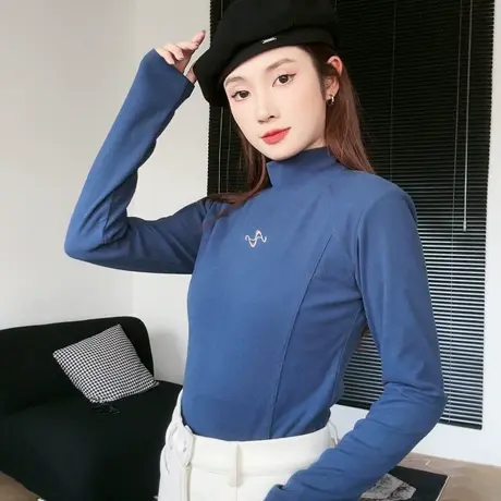 尔给黑色半高领针织打底衫女2023新款秋冬内搭长袖上衣商品大图