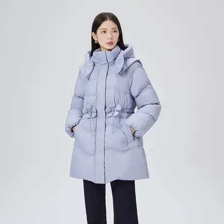 艾莱依2023新款冬季女士连帽外套收腰修身中长款鸭绒加厚羽绒服商品大图