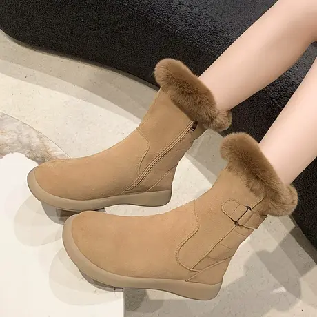 时尚翻毛皮平底大码雪地靴41-43女款2023新款冬季加绒加厚42棉靴图片
