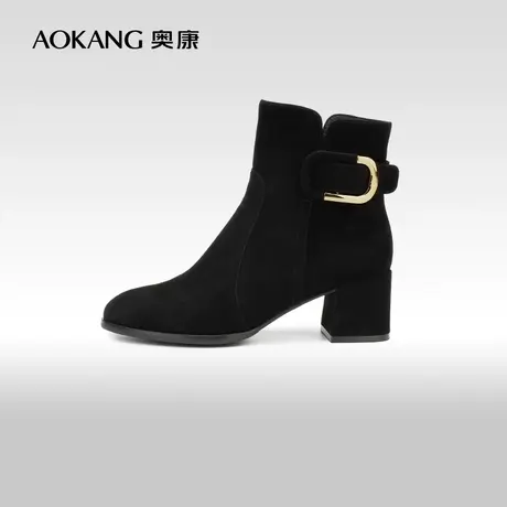 【门店发货】奥康女鞋 2023冬季新款优雅气质女士粗跟时装靴短靴商品大图