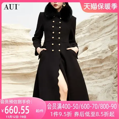 AUI黑色高端狐狸毛领毛呢外套女2023冬新款中长款修身呢子大衣厚图片