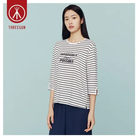三枪女生休闲衫秋季条纹爽滑高支竹棉抑菌圆领七分袖女衫T恤图片