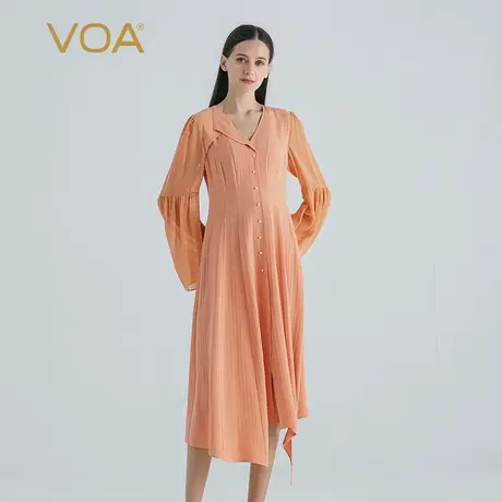 VOA41姆米无界重磅厚桑蚕丝拼接乔其丝绸喇叭长袖V领真丝连衣裙图片