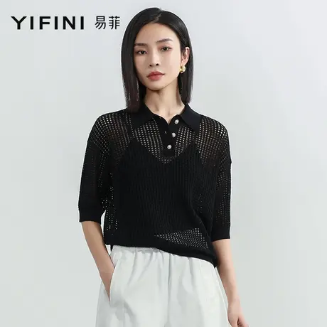 Yifini/易菲纯棉宽松黑色镂空polo衫女夏装新款白色针织衫T恤上衣商品大图