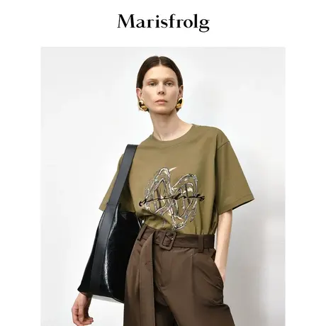 【商场同款】玛丝菲尔2023年秋季新款咖色艺术印花LOGO宽松T恤女商品大图