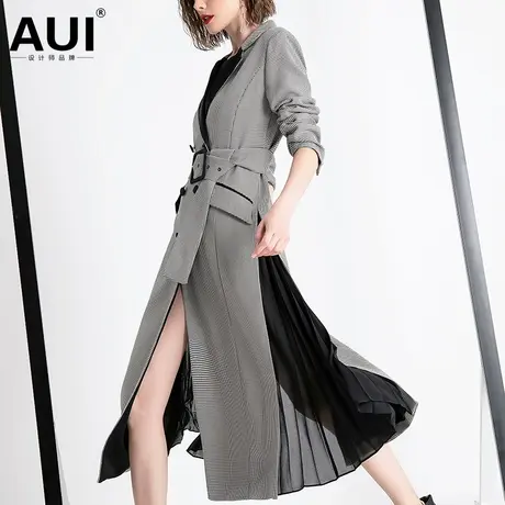 灰色长款设计感风衣女2022春秋新款欧美时尚气质女装格子大衣外套商品大图