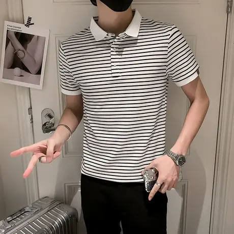 夏季男士t恤polo衫短袖翻领修身半袖潮流条纹海魂衫百搭ins体恤商品大图