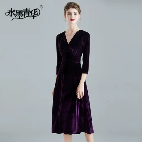 【1件7.9折】秋装新品气质优雅丝绒裙收腰显瘦中长款大摆连衣裙商品大图