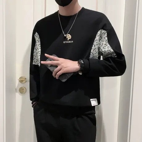 春秋季潮流拼接个性卫衣男痞帅休闲百搭长袖t恤宽松潮牌上衣体恤图片