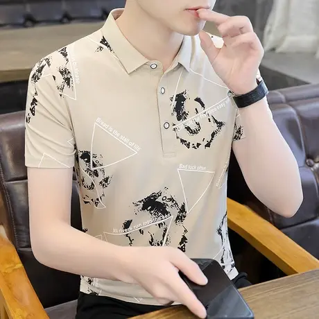 短袖t恤男polo衫纯棉夏季2022新款翻领个性印花男士保罗条纹体恤商品大图