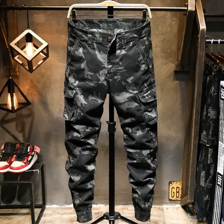 春夏款潮牌迷彩工装裤男士休闲裤拉链束脚裤修身小脚韩版潮流百搭商品大图
