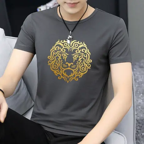 莫代尔t恤男士短袖2024新款夏季潮牌烫金狮子头体恤冰丝冰感半袖商品大图