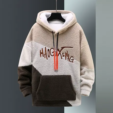 羊羔绒连帽卫衣男士秋冬季2023新款潮流ins宽松加绒加厚上衣外套商品大图