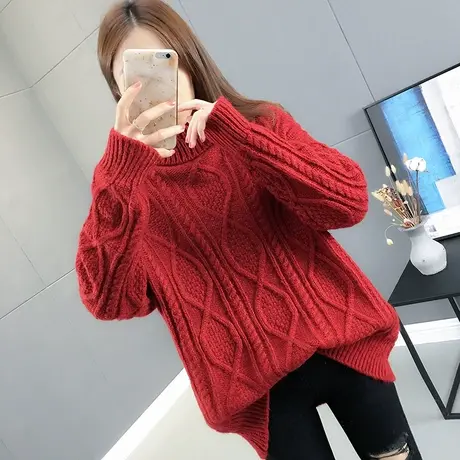 红色麻花毛衣女2021新款冬加厚粗线高领粗针宽松外穿打底衫内搭潮商品大图