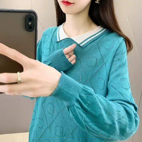 冰丝镂空小方领塔头女士针织上衣拼色气质洋气针织衫小个子宽松潮商品大图