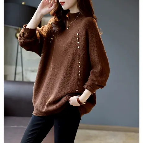 宝诗黎半高领宽松针织衫2024春装新款慵懒打底毛衣美拉德亮丝上衣商品大图