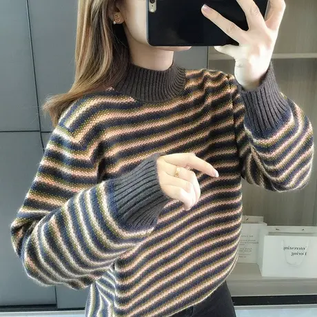 条纹毛衣女2023新款秋冬加厚打底衫半高领套头毛衣宽松慵懒风上衣图片