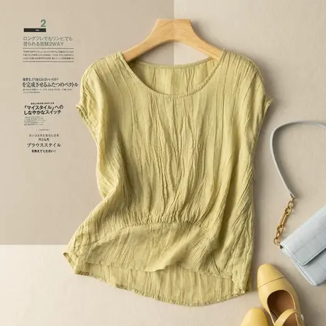 短袖苎麻T恤女宽松文艺复古百搭棉麻上衣2024新款夏天薄款小衫女商品大图