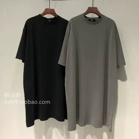 23春夏新款纯色简约风磨边做旧宽松韩范下衣失踪长款短袖T恤T裙女商品大图