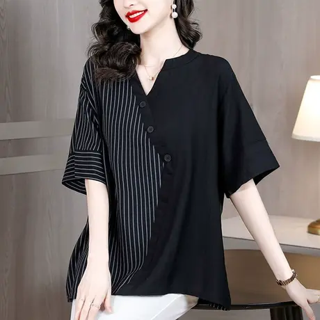 2023夏季新款气质短袖t恤女胖MM别致洋气妈妈上衣宽松遮肚子小衫商品大图